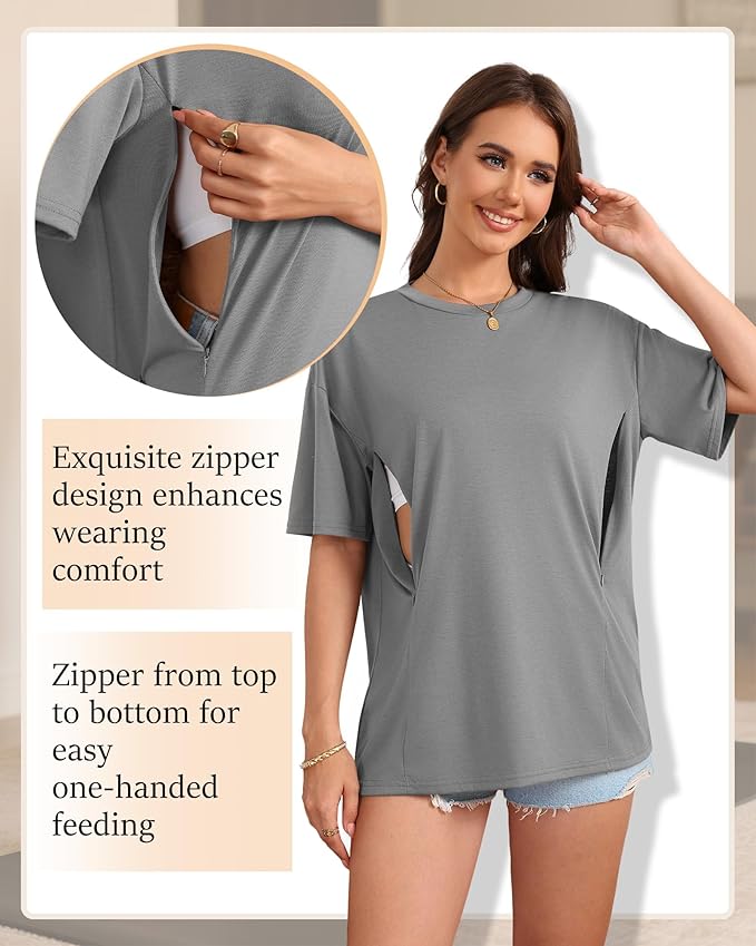 3 Pack Women's Oversize Nursing Breastfeeding Shirts Hidden Zipper Short Sleeve Loose Fit Maternity Tops