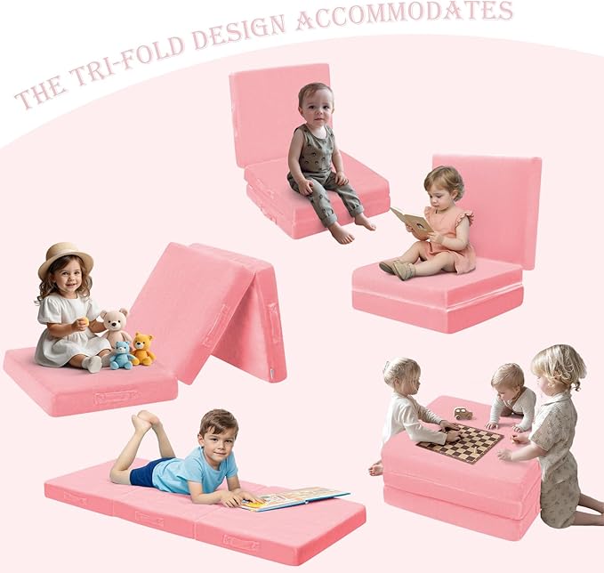 MeMoreCool Foldable Floor Mattress Kids Trifold Mat, Kids Folding Mattress Portable Futon, 57x22 Inch Pink