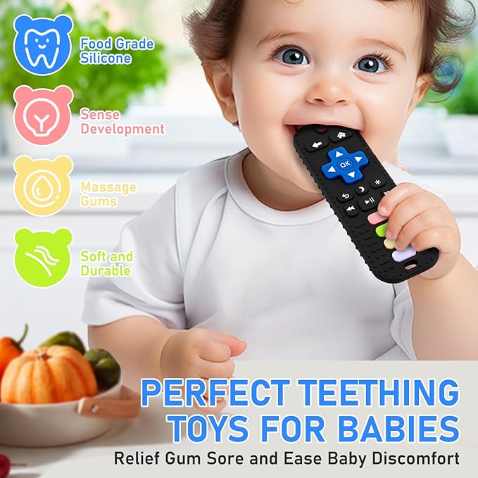 Teething Toys for Baby 3 6 12 18 Months, TV Remote Control Shaped Baby Teether Toys Chew Toys, Food Grade Silicone Teething Toys for Infants, BPA Free, for Baby Gum Relief