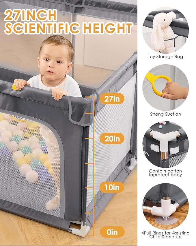 71" x 59" Extra Large Baby Playpen for Babies and Toddlers, Safe Activity Center with Soft Play Fence, Indoor Safety Yard, Easy to Assemble and Clean (Gray)