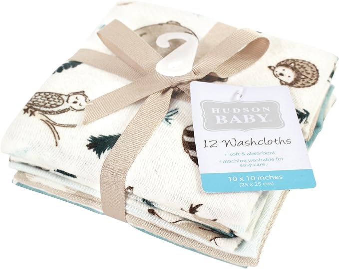 Hudson Baby Unisex Baby Flannel Washcloths, Boy Woodland Pals 12Pk, One Size