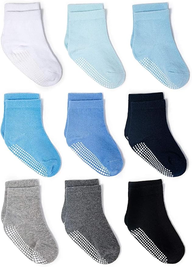 ZAPLES Baby Non Slip Grip Crew Socks with Anti Skid Soles for Infants Toddlers Kids Boys Girls