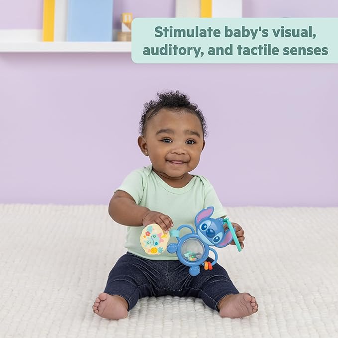 Bright Starts Disney Baby Stitch Tropical Treasures Gift Set with 4 Stitch Inspired Toys Including Baby-Safe Mirror and Teether, Newborns & Up