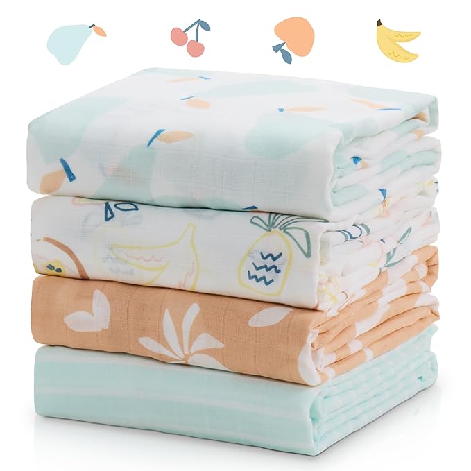 Momcozy Muslin Swaddle Blankets, Ultra Soft Neutral Registry Essentials, 47'' x 47'' Breathable Large Receiving Blanket, Newborn Essentials Must Haves, Baby Boys Girls Shower Gifts, Fruits Party