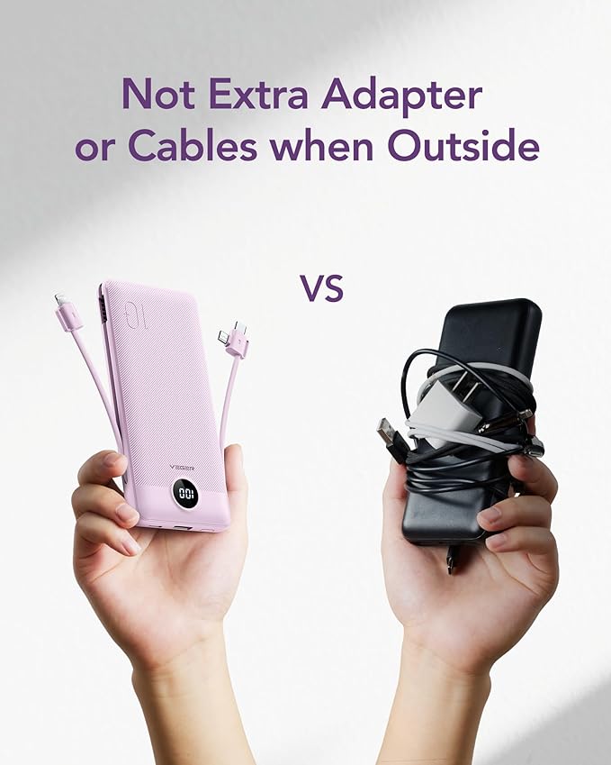 VEGER Portable Charger with Built-in AC Plug and Cables, All in One 10000mAh Ultra Slim Power Bank Travel Essentials, 15W Fast Charging Battery Pack Compatible with iPhone, Samsung, Android (Purple)