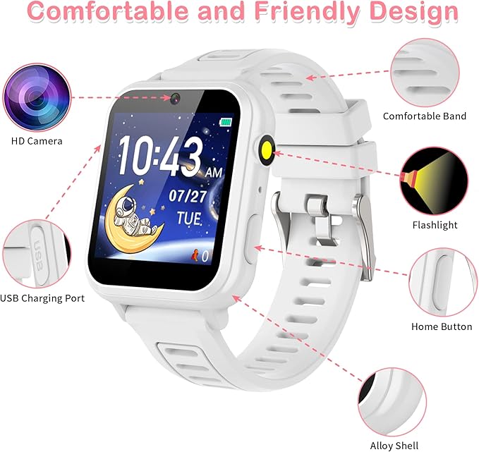 Phyulls Kids Smart Watch Gift for Girls Age 4-12, Smart Watch for Kids with 39 Games HD Touch Screen Watches Camera Video Music Pedometer Flashlight Educational Toys Birthday Gifts for Girls