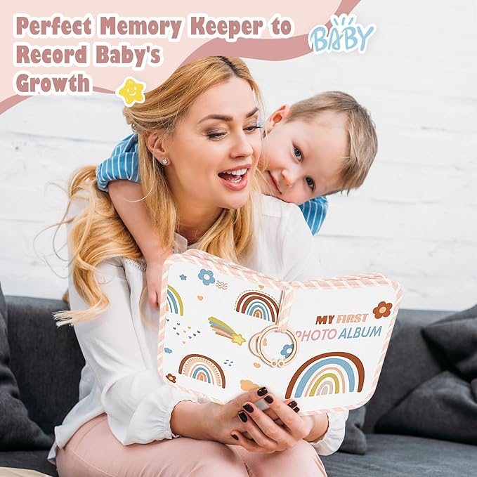 Lanpn Baby Photo Album Holds 17 4x6 Pictures, My First Soft Cloth Family Photo Book with Name Card Name Tag Stickers, Fabric Kid Memory Keepsake Gift for Baby Shower Newborn Toddler Boy Girl (Rainbow)