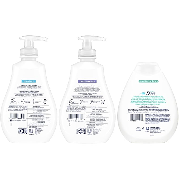 Dove Baby Lotion Sensitive Skin Care Bundle – Ultra-Gentle Face & Body Lotions for Newborns & Infants, 2 Hypoallergenic Scents, 1 Fragrance-Free, 13 Oz Ea