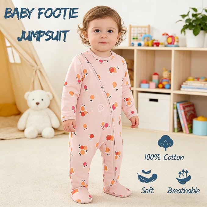 Baby Footie Jumpsuit, 100% Cotton Long Sleeve Footed Romper, Summer Outfit for 0-12 Months