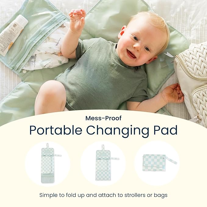 Tiny Twinkle Portable Diaper Changing Pad | Waterproof, Wipeable & Compact Baby Changing Pad for Travel | Smart Wipes Pocket & Organized Storage| Newborn Shower Gift (Blue Checkers)