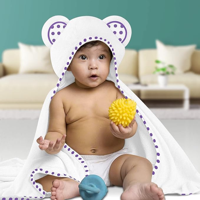 Set of 2 Hooded Baby Towels – White and Purple – Luxurious, Large and Super Absorbent – 35 x 35 Inch – Soft and Suitable for Infants, Toddlers and Kids – 400 GSM
