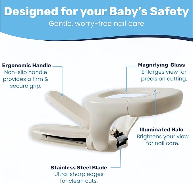 Baby Nail Clipper & File with LED Light, Fingernail Cutter with Catcher for Newborn, Infants & Toddlers- Magnifier for Ultra Visibility, Baby Essentials Nail Trimmer (White)