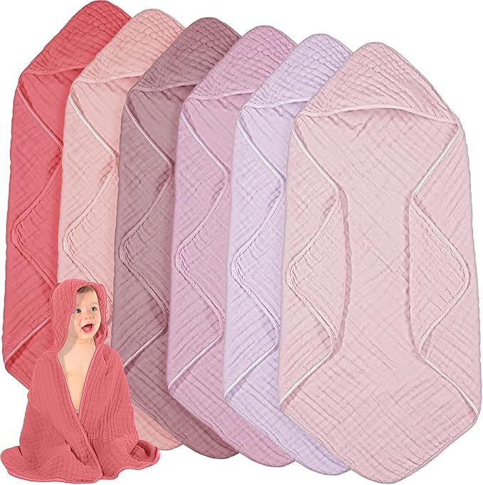 Peryiter 6 Pcs Muslin Hooded Baby Towels 32x32inch Cotton Newborn Bath Essentials Muslin Infant Blankets Absorbent Registry Baby Shower Present for Babies Girl Boy Kids (Purple Series)