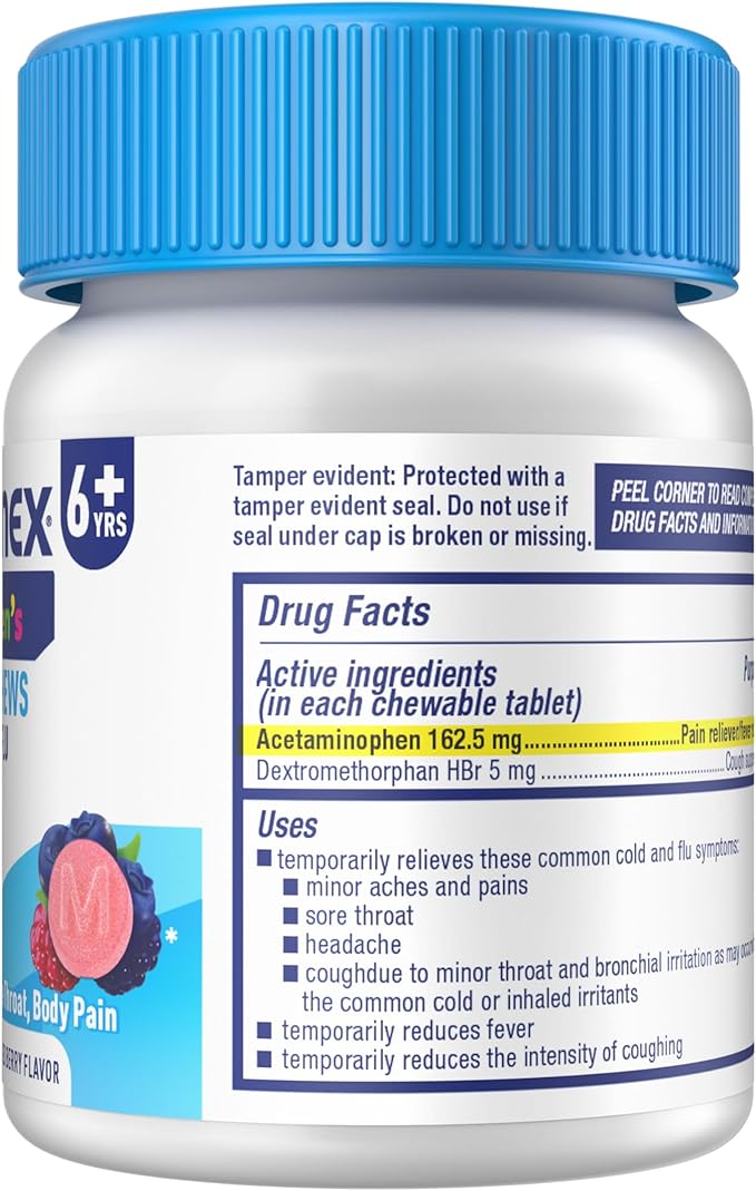 Mucinex Children's Mighty Chews Cold and Flu Medicine, Easy to Dose Children's Acetaminophen & Dextromethorphan, Kids Cough Medicine, Ages 6+, Mixed Berry Flavor, 16 Medicated Chewable Tablets