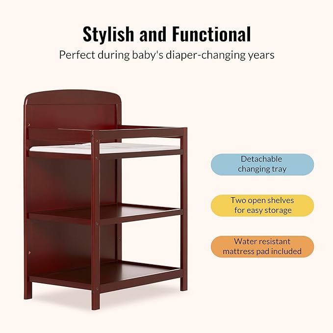 Dream On Me Anna 3-in-1 Convertible Full-Size Baby Crib & Changer with Storage in Cherry, GreenGuard Gold & JPMA, Pinewood, Converts to Day & Toddler Bed, 3 Mattress Heights, 1″ Changing Pad