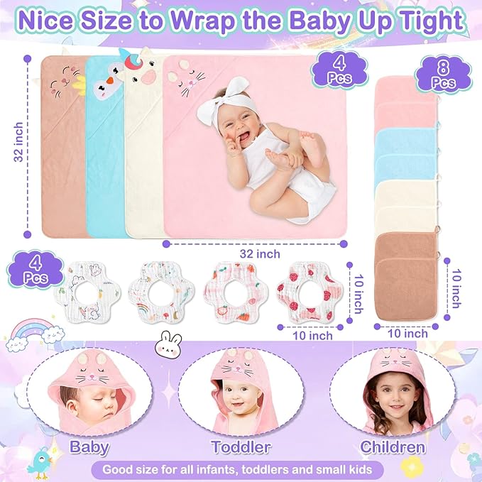 16 Pcs Baby Towels Set, Baby Towels and Washcloths Set,4 Pcs Animal Hooded Baby Towels, 4 Pcs Baby Bibs & 8 Pcs Washcloths Set for Infants, Toddlers and Kids-Unicorns, Rabbits, Kittens & Chicks