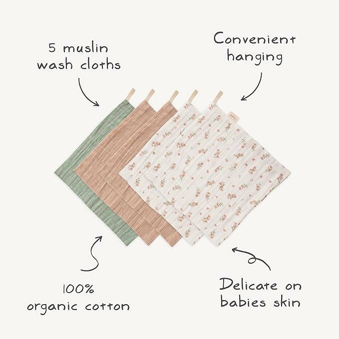 mushie Muslin Organic Cotton Washcloths 5-Pack (Pink Flowers Combo) | Soft Wipes for Baby Cleanups and Bathing