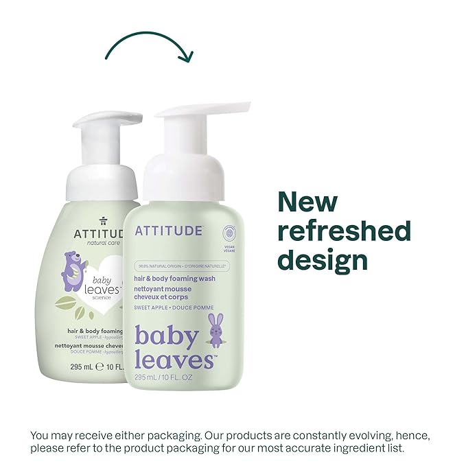 ATTITUDE 2-in-1 Hair and Body Foaming Baby Wash, EWG Verified Shampoo Soap, Dermatologically Tested, Made with Naturally Derived Ingredients, Vegan, Sweet Apple, 10 Fl Oz