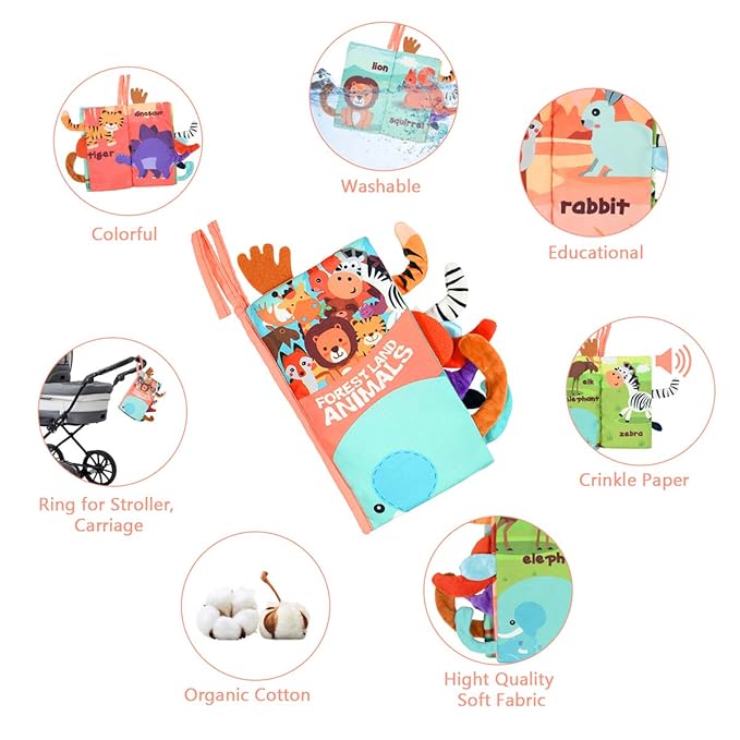 Vicloon Soft Cloth Books 0-6 Months, High Contrast Sensory Baby Toys - Tummy Time, Bath, Crinkle, Squeaky, Washable, Chewable, Non-Toxic, Early Educational