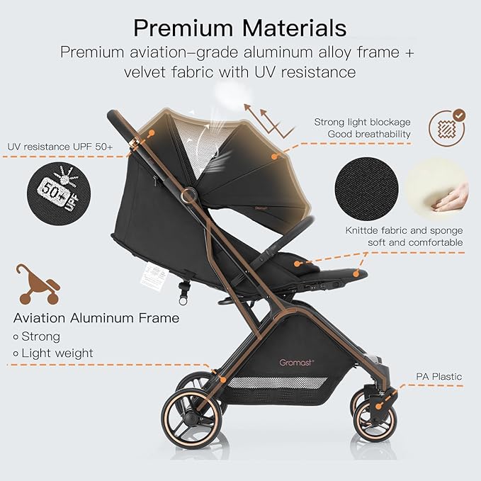 Gravity Folding Baby Stroller - Portable Travel Toddler Stroller w/Adjustable Backrest, Canopy & Cup Holder, Lightweight and UV Protected, One-Hand Automatic Folding - Black