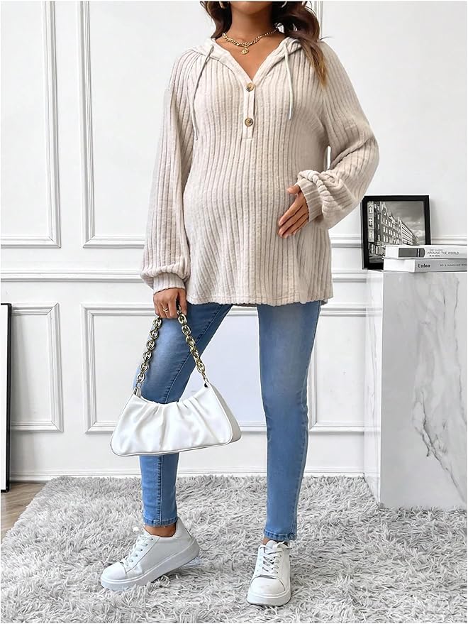 Women's Maternity Half Button Sweatshirts Long Sleeve Ribbed Knit Pregnancy Shirt Spring Clothes