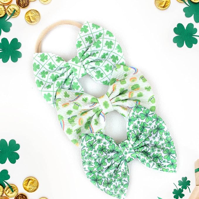 Hairband, 3 Pcs St. Patrick's Themed Cheer Bow Headbands for Baby Girls, One Size Fits All, Newborn and Infant, Green, Comfortable Nylon Fabric