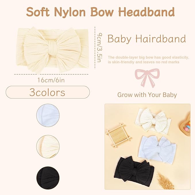 JOYOYO 3 Pcs Soft Wide Turban Baby Headbands with Double-Layer Bow for Baby Girls, Newborns, Toddlers(White, Beige, Black)
