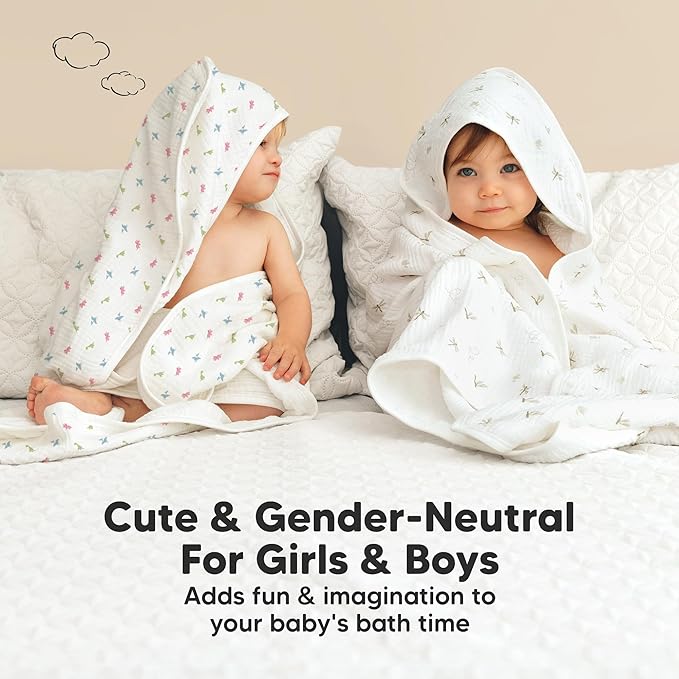 KeaBabies Muslin Baby Bath Towels with Hood for Girls,Boys-Large Organic Cotton Hooded Baby Towels for Newborns,Toddlers,Infant,Kids,Soft Absorbent Newborn Bath Essentials Gift Set(Roarsome, Regular)
