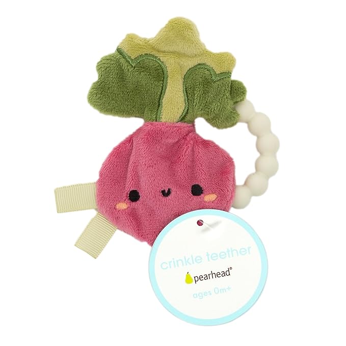 Pearhead Baby Veggie Teether Toy - Plush Turnip with Soft BPA-Free Silicone, Crinkle Sound Easy-to-Hold Teething Ring for Babies Ages 0 Months+, Stocking Stuffers for Newborns, Baby Christmas Gift