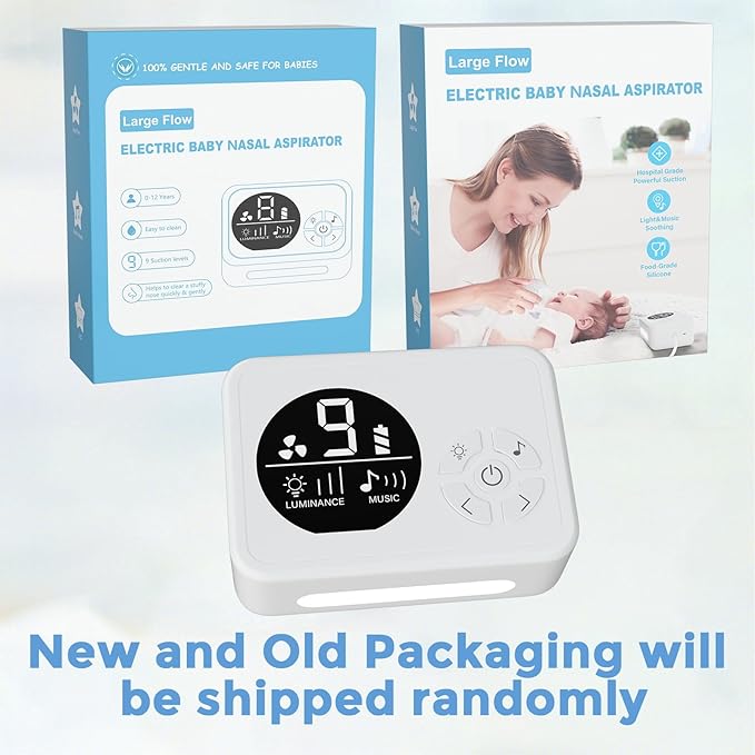 Nasal Aspirator for Baby, Nose Sucker with 9 Suction Levels, Electric Snot Sucker, 3 Levels Night Light & Nursery Rhyme Soothing Function, Food-Grade Silicone Tips