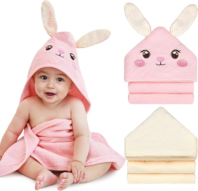 Unicorn Castle Hooded Baby Towels 2Pack 100% Muslin Baby Bath Towels for Newborn Animal Design Ultra-Soft Baby Girl Boy Bath Essentials 30 X 30 Inch, Pink Rabbit- Beige