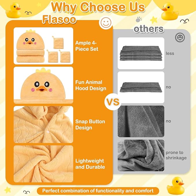 4 Pcs Toddler Bath Towel Set, 1 Pc Toddler Hooded Towel & 3 Pcs Baby Washcloths, Large 27.5"X55" Hooded Towels Kids, Absorbent Soft Thick Toddler Towels for Boy Girl 0-5 Year (Yellow Duck)