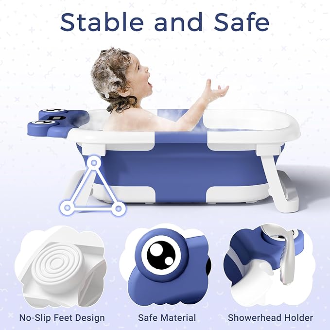 Baby Bathtub, Collapsible Newborn Bathtub for Infant to Toddler 0-24 Months with Soft Bath Net,Portable Travel Newborn Tub with No-Slip Feet, Baby Shower Gifts,Navy Blue
