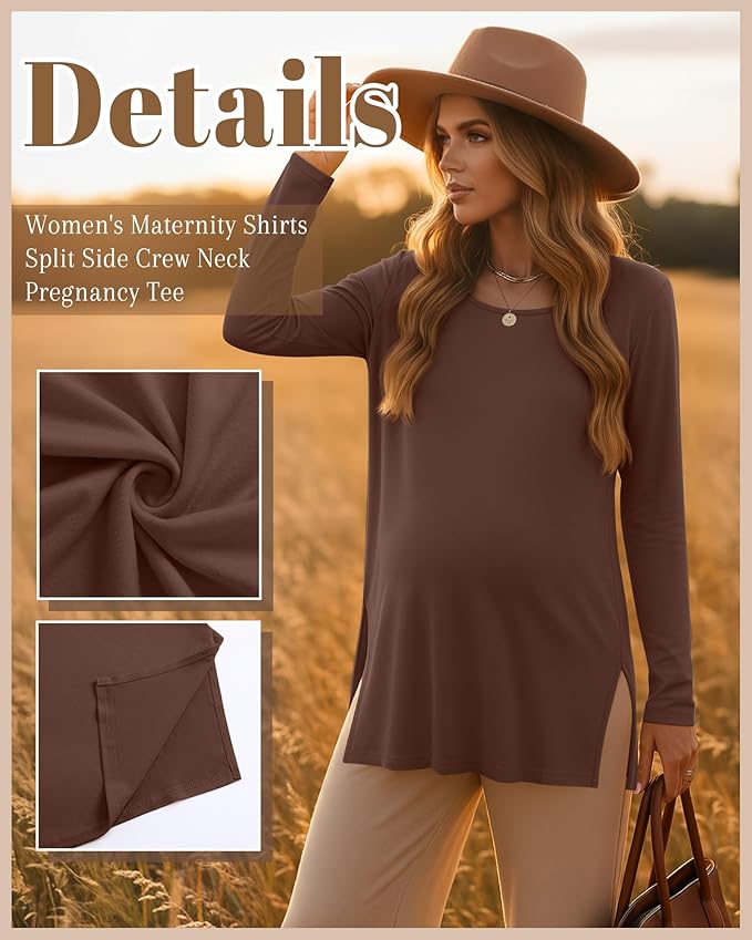 Riyiper 3 Pack Women's Maternity Long Sleeve T-Shirts Round Neck Side Split Tops Loose Casual Pregnancy Mama Clothes Fall