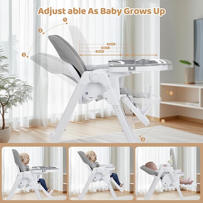 Ezebaby Foldable Baby High Chair, 3-in-1 Convertible High Chairs to Booster Seat, Portable High Chair with Adjustable Height and Recline, Removable Tray & Toy Bar