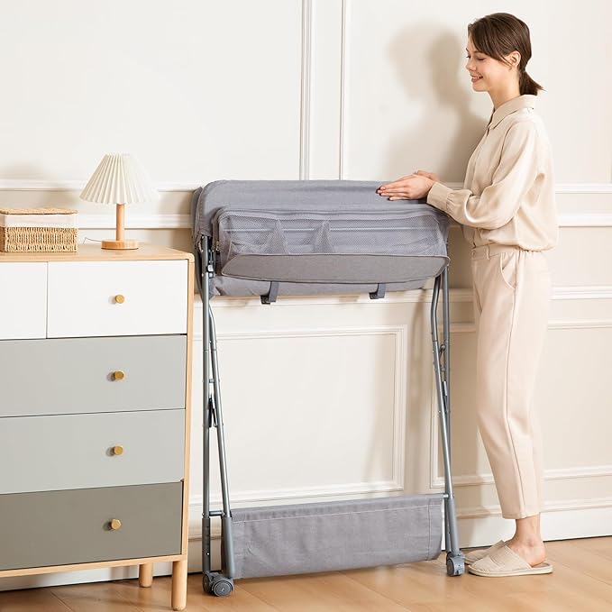 Baby Changing Table with Wheels, Maydolly Portable Adjustable Height Folding Diaper Station with Nursery Organizer & Storage Rack for Newborn Baby and Infant (Light Grey)