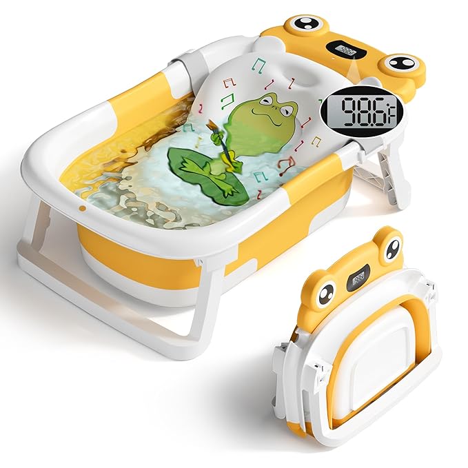 Baby Bathtub, Collapsible Newborn Bathtub for Infant to Toddler 0-24 Months with Soft Bath Net,Portable Travel Newborn Tub with No-Slip Feet, Baby Shower Gifts, Yellow