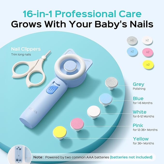 COSLUS C50 Baby Nail File, Baby Nail Trimmer Electric, Baby Nail Clipper - Gentle, Quiet with 360° Light, Safe for Sleep Time Grinding, 16-in-1 Kit for Newborn, Infant & Toddler, Sky Blue