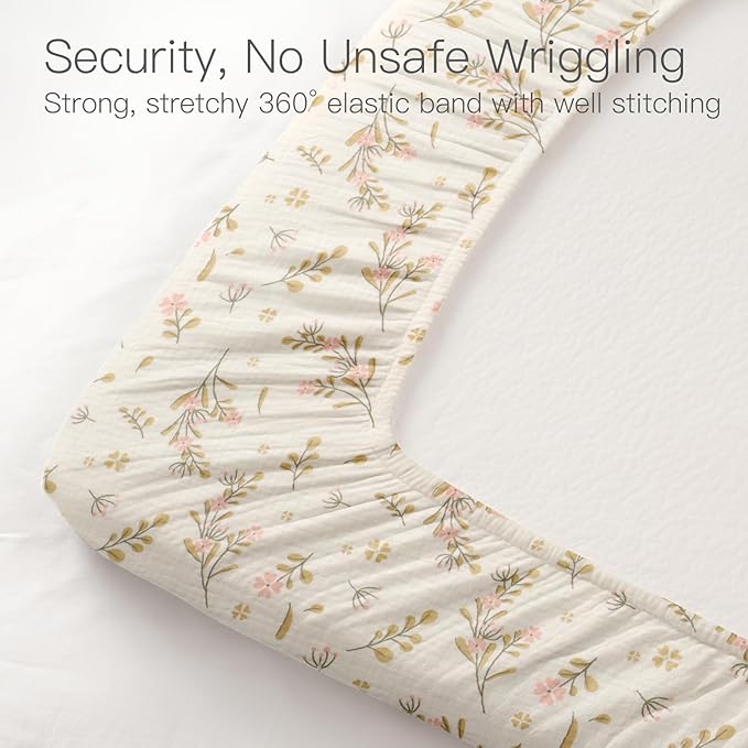 100% Organic Cotton Baby Crib Sheets Muslin 52x28 Inches 2 Pack Soft Fitted Crib Mattress Sheet for Baby Girls, Boho Toddler Bed Sheets Fits Well Standard Size Crib Mattress 28x52 Inches Floral & Pink