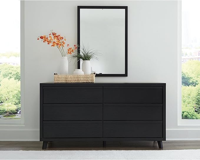 Signature Design by Ashley Danziar Mid-Century Modern 6-Drawer Dresser and Mirror with Safety Stop, Black