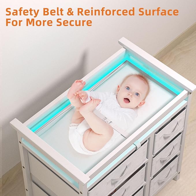 KORIMEFA Modern Baby Changing Table, Diaper Changing Table, with 6 Storage Drawers and Changing Pad, White