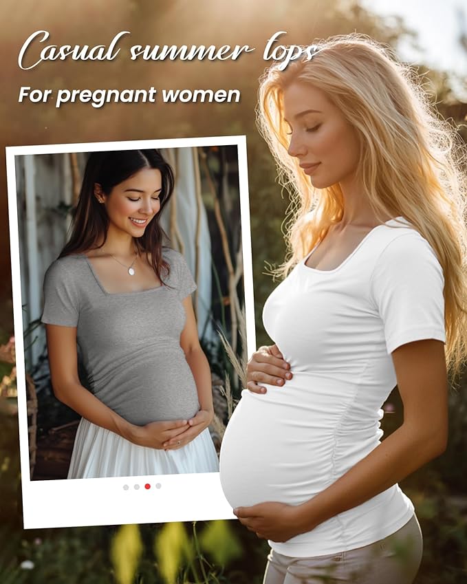 4 Pack Women's Maternity Shirts Cotton Square Neck Pregnancy Tops Side Ruched Summer Short Sleeve Tees Multipack