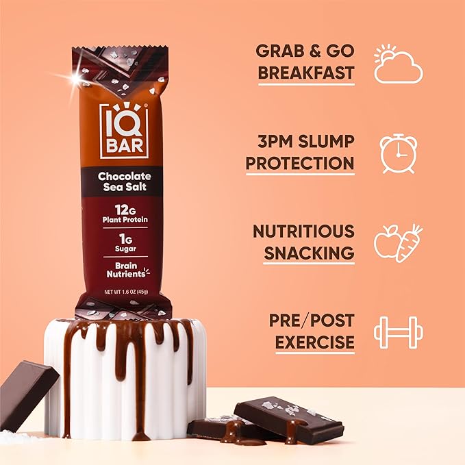 IQBAR Brain and Body Clean Plant Protein Bars - Chocolate Sea Salt - 12 Bars - Keto, Vegan, High Fiber, Gluten and Dairy Free, Low Sugar Snack with Nutrients for Focus, Energy, Meal Replacement