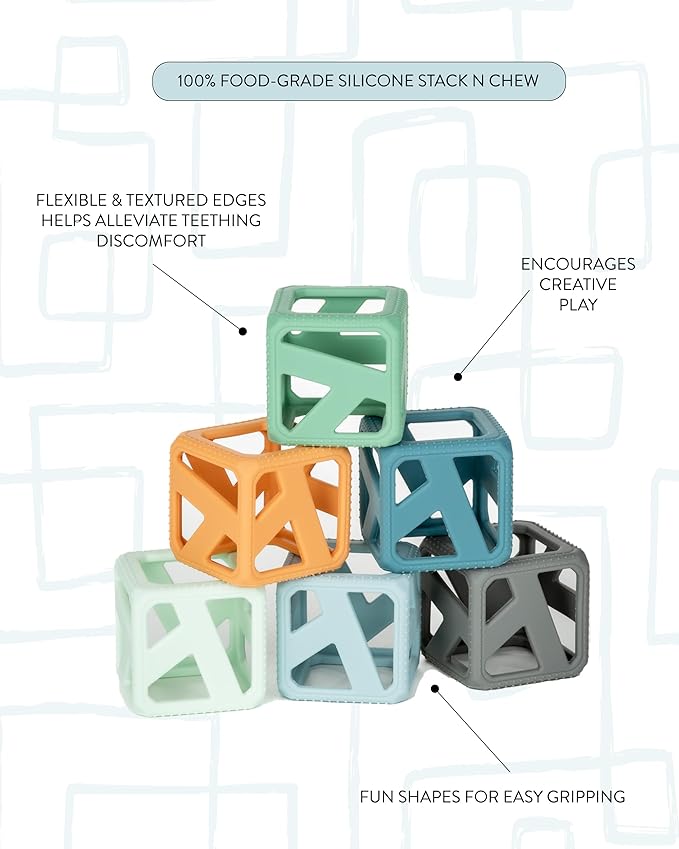 Malarkey Kids Stack N Chew - Mini Cubes Baby Chew Toy Monochrome - Develops Fine Motor Skills, Increases Grip Strength, Stimulates Hand-Eye Coordination (Earthy)