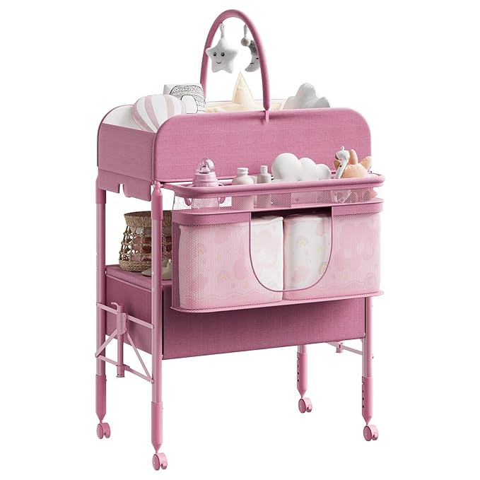 Adjustable Height Baby Changing Table with Wheels, Collapsible Diaper Station with 2 Drawers & Storage, Mobile Nursery Organizer with Waterproof Top for Newborns (Pink)