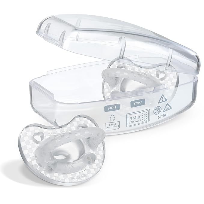Chicco PhysioForma Luxe Orthodontic Pacifier, 16-24m | 100% Soft Silicone | Supports Breathing & Oral Development | Textured Shield & Handle | Includes Sterilizing Case | BPA Free | Crystal, 2pk