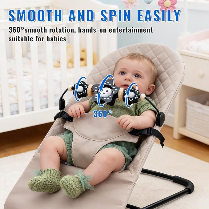 THE KENKYO Wooden Baby Bouncer Toy Bar Compatible with Baby Bjorn, Rotatable Bouncer Toy Attachment, Funny Sensory Toy for Newborn to Toddler, Easy to Attach and Remove (Black)