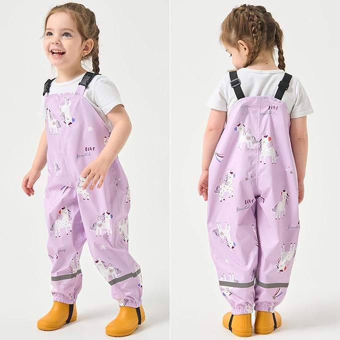 Toddler Waterproof Rain Bib Pants, Girls Rain Pants Kids Cartoon Rain Trousers Lightweight Mud Pants Rainwear