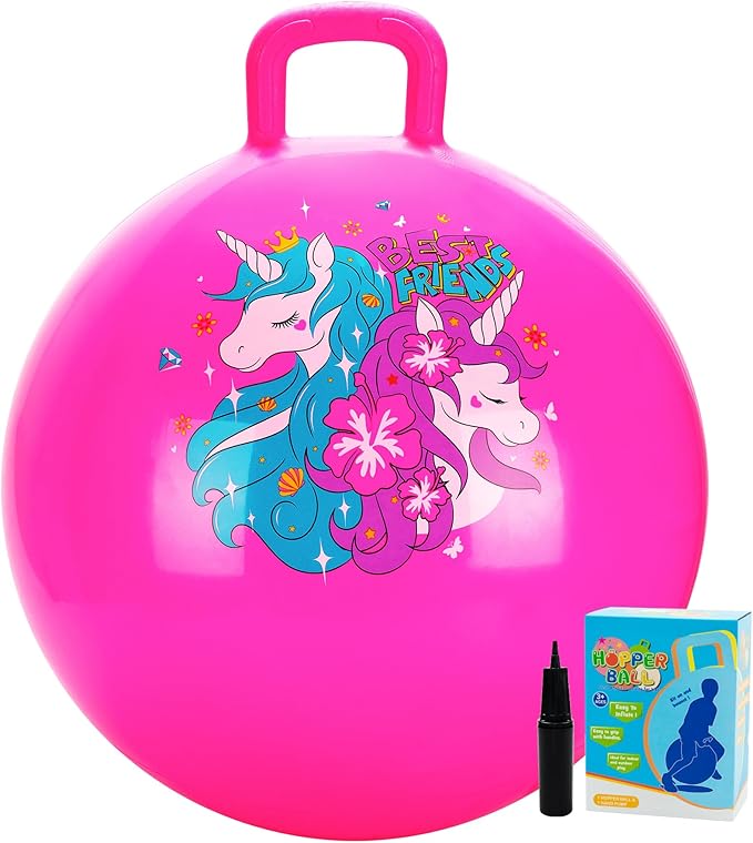 U&C Planet Hopper Ball 18 inches Bouncy Ball with Handle for Kids Age 3-6 Hoppity Hop Sit and Bounce Jumping Hopping Toy with Pump, Great Toddler Girls Toys for Birthday, Pink
