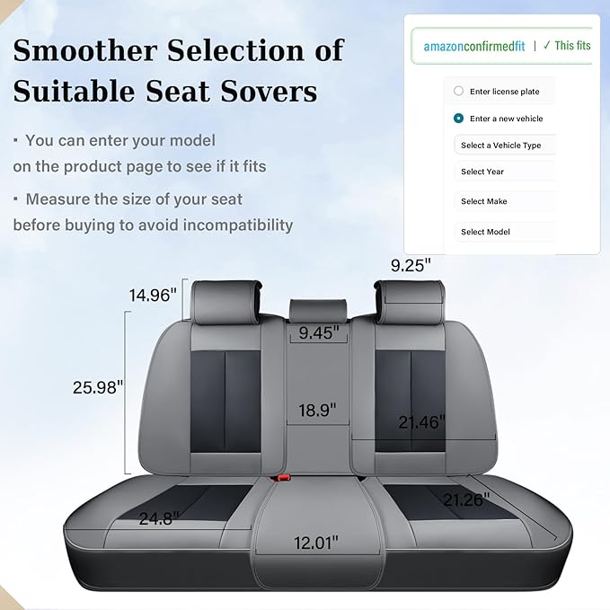 Coverado Rear Bench Car Seat Covers, Car Rear Seat Covers, Nappa Leather Back Seat Cover, Automotive Seat Covers Seat Cushion Cover Universal Fit for Most Cars Sedan SUV Pickup Truck, Black&Gray